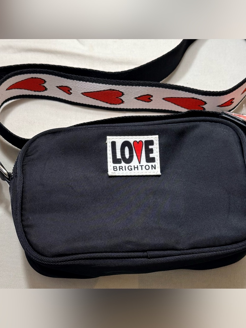 Brighton Black Crossbody Belt Bag with Red Heart Strap